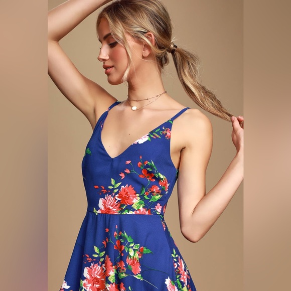 🆕Lulus Bridge to Love Cobalt Floral Print Skater Mini Dress M - Picture 5 of 8